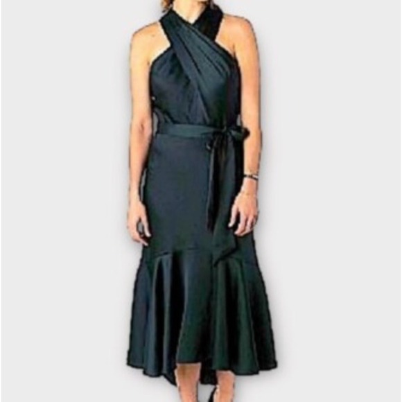 Taylor Dresses & Skirts - NWT Taylor Halter Neck Midi Dress Green Cross Satin Sleeveless Fit Flare Mermaid